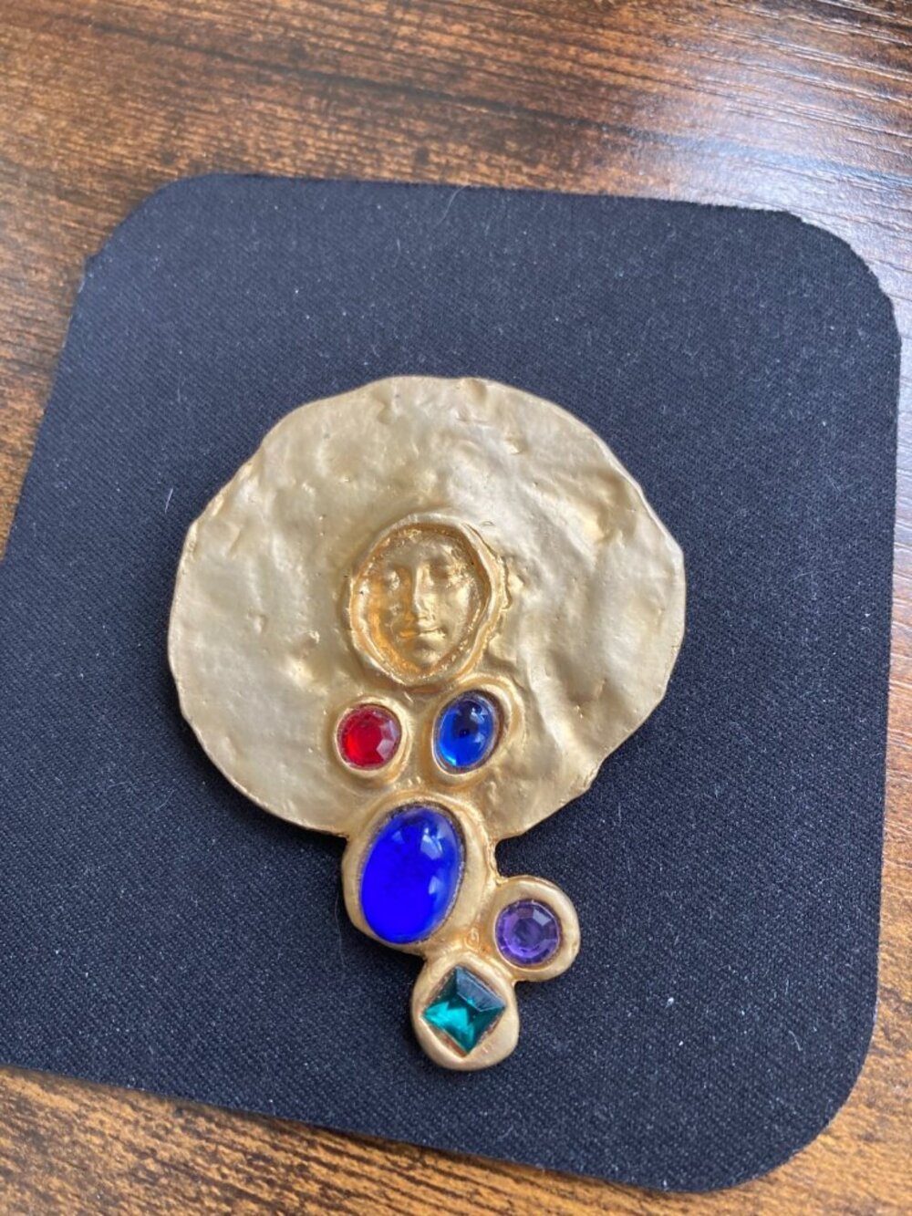 Vintage Easel Face Brooch Goldtone with Colorful Lucite Stones